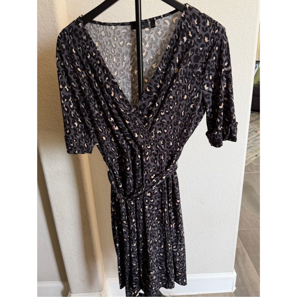 Apt. 9 Black Leopard Print Midi Wrap Dress with Taupe Spots M